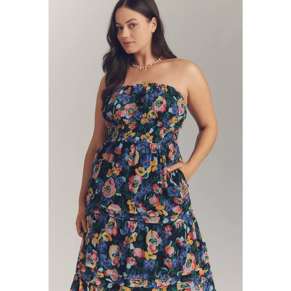 New Anthropologie The Somerset Strapless Maxi Dress $178 Large Blue Floral - Picture 7 of 9